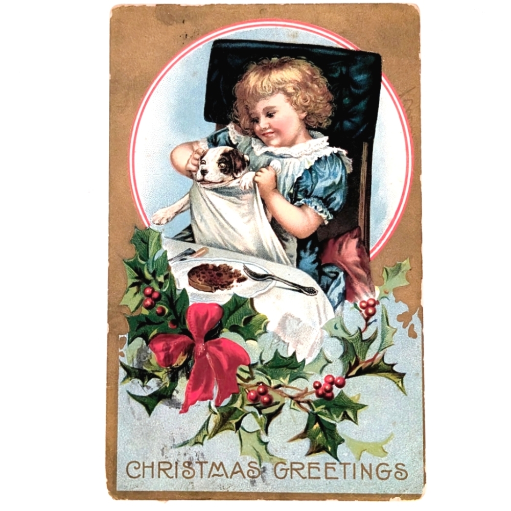 Christmas Greeting with Girl and Puppy above Holly on Embossed Postcard